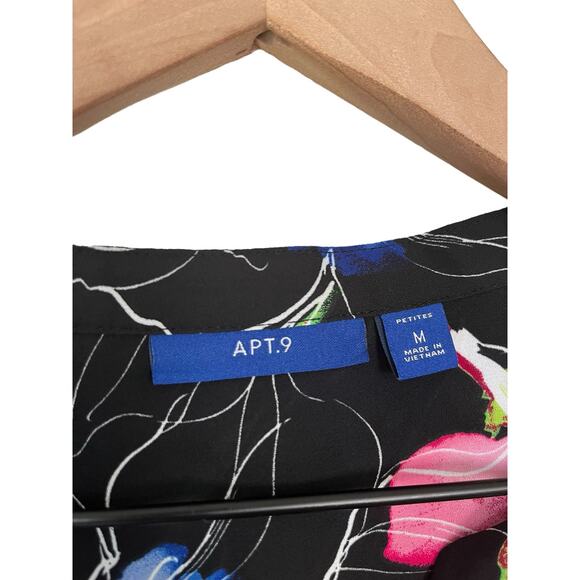 Apt 9 Womens Black Multicolor Floral Short Sleeve Blouse Size Medium Petite - Picture 3 of 5
